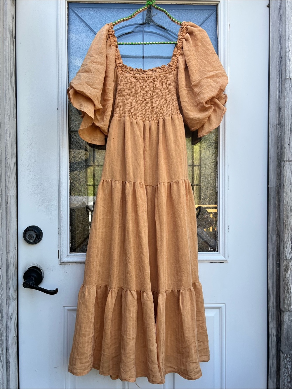 Peach Tiered Midi Dress with Puff Sleeves and Self-Tie Waist - Picture 4 of 7